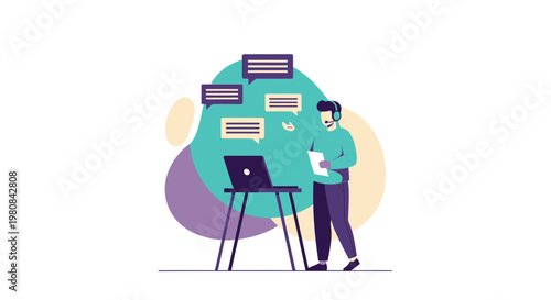 Customer Support Agent with Laptop and Chat Bubbles, Online Communication Concept