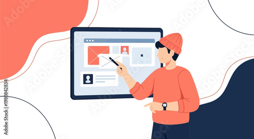 Designer Planning Website Interface on Tablet Screen with Stylus