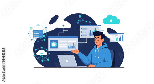 Data analysis and cloud computing concept with programmer working on laptop