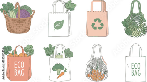 Eco friendly reusable grocery shopping bags collection, featuring canvas totes, paper sacks, string mesh nets with fresh vegetables, vector illustration.