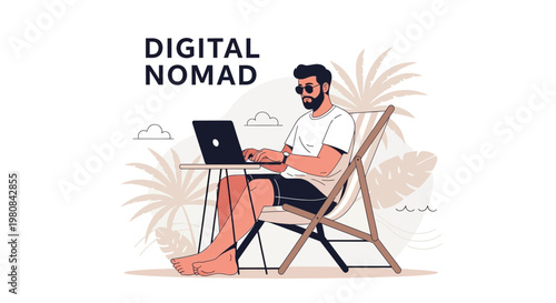 Digital Nomad Working on Laptop on Tropical Beach with Palm Trees