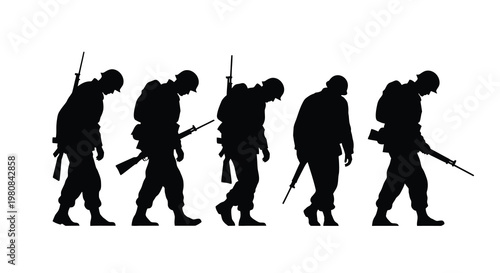 Silhouette of six soldiers walking in formation carrying rifles and gear