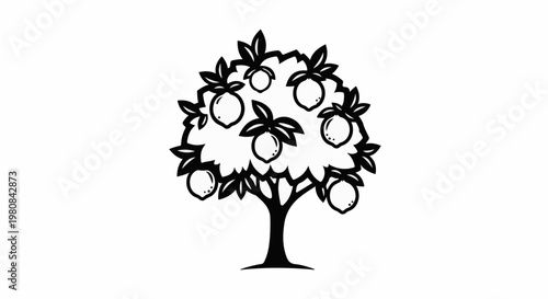 A stylized black and white drawing of a fruit tree bearing round, ripe fruits