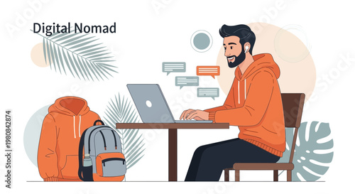 Digital Nomad Working Remotely on Laptop with Backpack and Hoodie