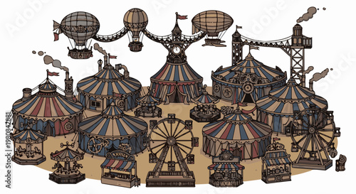A vintage steampunk carnival with hot air balloons, ferris wheels, and striped tents