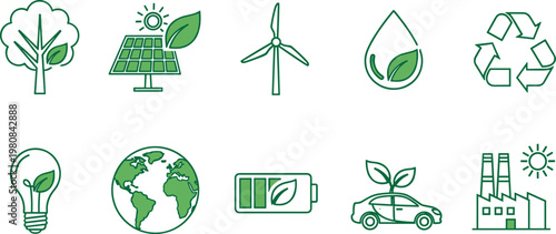 Green ecology and renewable energy icon set, featuring solar panels, wind turbines, recycling, electric cars, and sustainable environmental conservation symbols.
