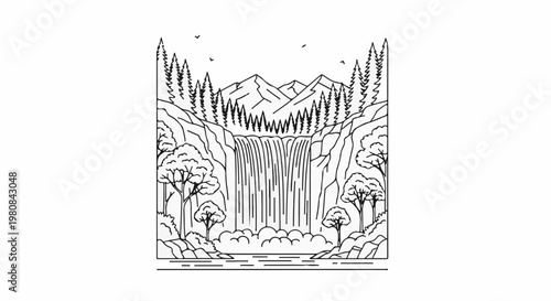 A stylized black and white drawing of a majestic waterfall cascading down rocky cliffs