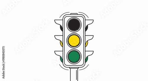 A stylized traffic signal displays red, yellow, and green lights on a white background