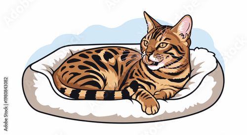 A stylized bengal cat with spotted fur rests comfortably on a plush bed