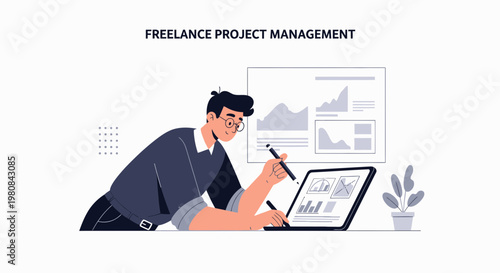 Freelance project management concept: man analyzing charts on laptop and tablet