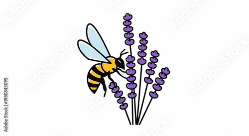 A stylized bee with yellow and black stripes pollinates a sprig of lavender flowers