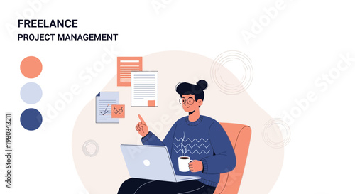 Freelance Project Management: Person working remotely with laptop and coffee