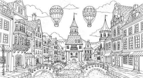 Fantasy old European town coloring page with canals bridges and hot air balloons illustration