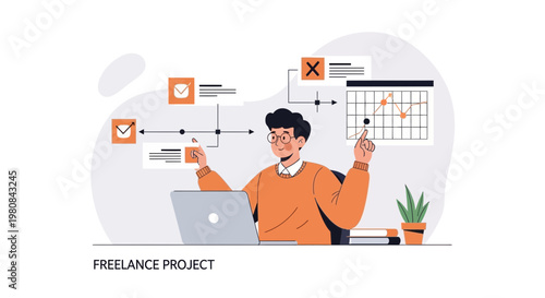 Freelancer working on laptop, planning project with checklist and graph