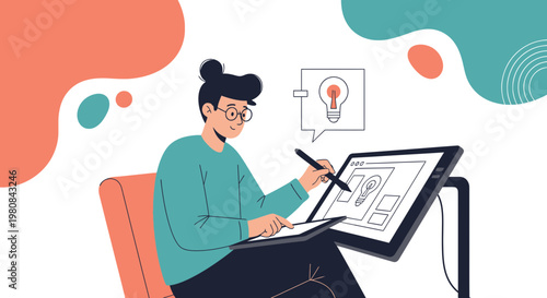 Graphic designer creating idea on tablet, digital art, illustration, concept