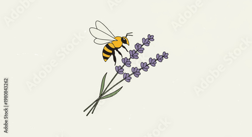 A whimsical illustration of a bee gathering nectar from lavender