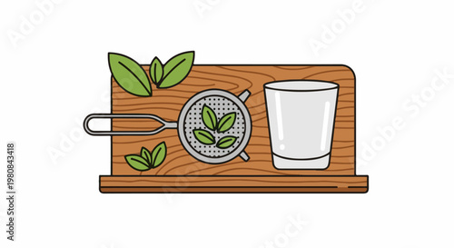 A wooden board with a strainer of leaves and a glass of water
