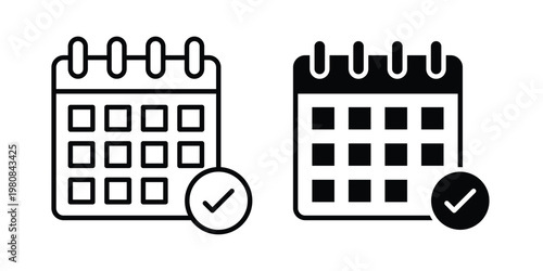 Calendar check icon set vector symbol in black filled and stroke style