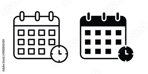 Calendar clock icon set vector symbol in black filled and stroke style