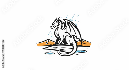 A white dragon sits on a barren landscape during a rain shower
