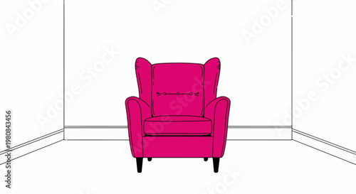 A vibrant magenta armchair stands centered in a minimalist room outline