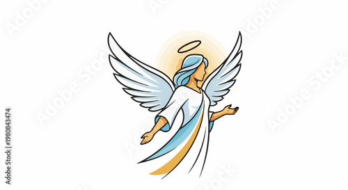 A stylized, hand-drawn angel with wide wings and a golden halo