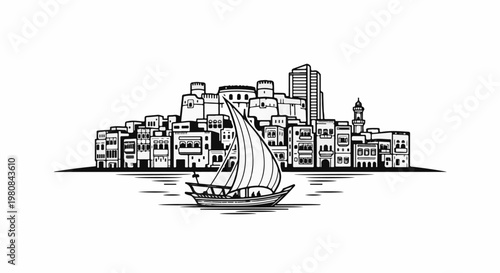 A traditional sailing boat passes a waterfront city skyline with diverse architecture and a minaret