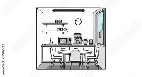 A stylized line drawing depicts a cozy, compact kitchen area with a dining table