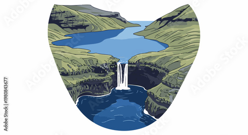 A striking pixel art illustration of a waterfall cascading into a deep blue pool within a rocky gorge