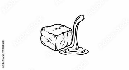 A stylized line drawing depicts a melting cube of ice with liquid flowing from it