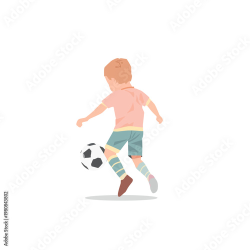 Flat minimal vector illustration of a child kicking a soccer ball