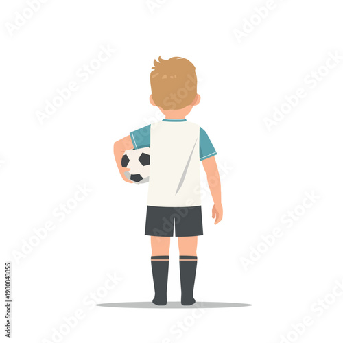 child dreaming to be a soccer player, back view, holding a soccer bal