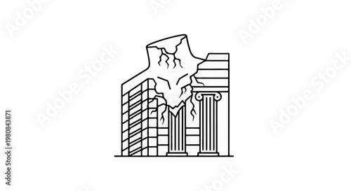 A stylized illustration of a damaged building with classical columns