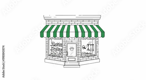 A store with a striped awning displays pet products in its windows