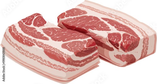 Raw pork belly meat slices with visible fat layers isolated on white background for cooking, butchery and food preparation design