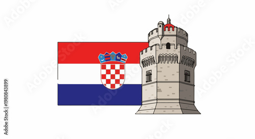 A stone tower stands beside a flag with red, white, and blue stripes