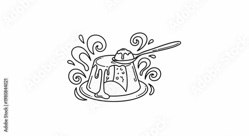 A stylized line drawing of a dessert with a spoon lifting a portion