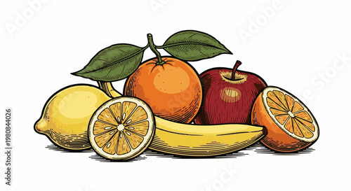 A still life illustration of various fruits, including lemons, oranges, and an apple