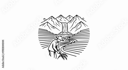 A stylized illustration of a farmer tending to crops near a waterfall and mountains