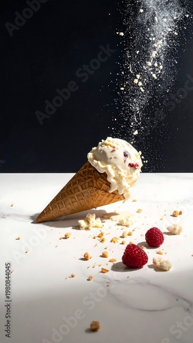 A melting ice cream cone on a white surface