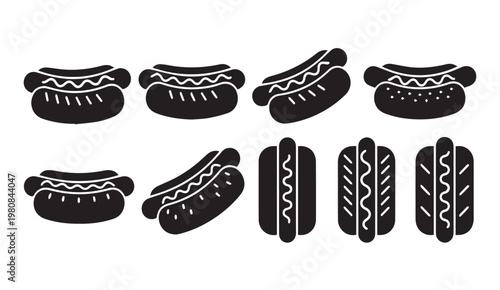 Collection of hot dog icons with different perspectives and toppings for food branding