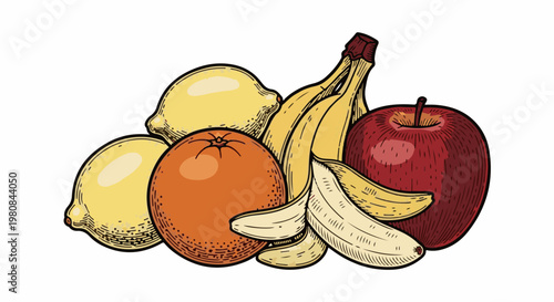 A still life illustration of assorted fruits, including lemons, bananas, an orange, and an apple