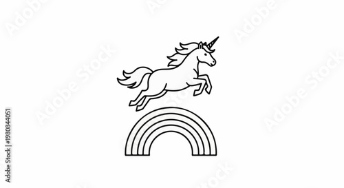 A stylized black and white line drawing of a unicorn leaping over a rainbow