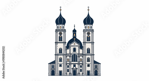 A stylized illustration of a grand baroque church with two prominent towers