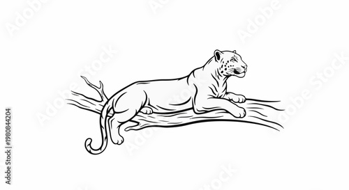 A stylized black and white illustration of a spotted feline resting on a tree branch