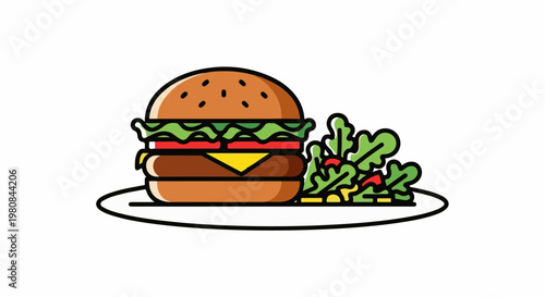 A stylized burger and salad on a plate, isolated on white