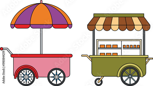 Street food carts with umbrella and snack stall kiosk mobile vendor vector illustration set