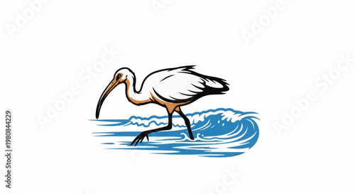 A white ibis with an orange neck walks through stylized blue waves
