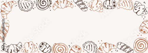 Hand drawn bakery frame with various pastries, croissants, buns and bread in doodle outline style. Decorative border perfect for menu design, invitations and food backgrounds with copy space