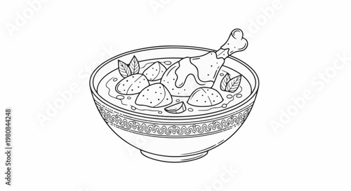 A stylized line drawing of a hearty chicken and potato stew in a decorative bowl